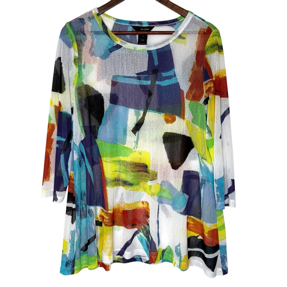Ali Miles Top M Abstract Artsy Tunic Top Semi Sheer Colorful Stretch Cover Shirt